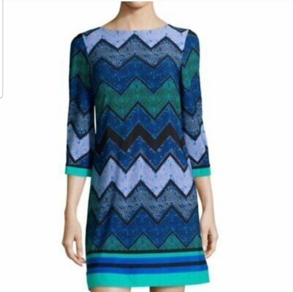 Eliza J Blue & Green Chevron Geometric Print 3/4 Sleeve Shift Dress Size 12